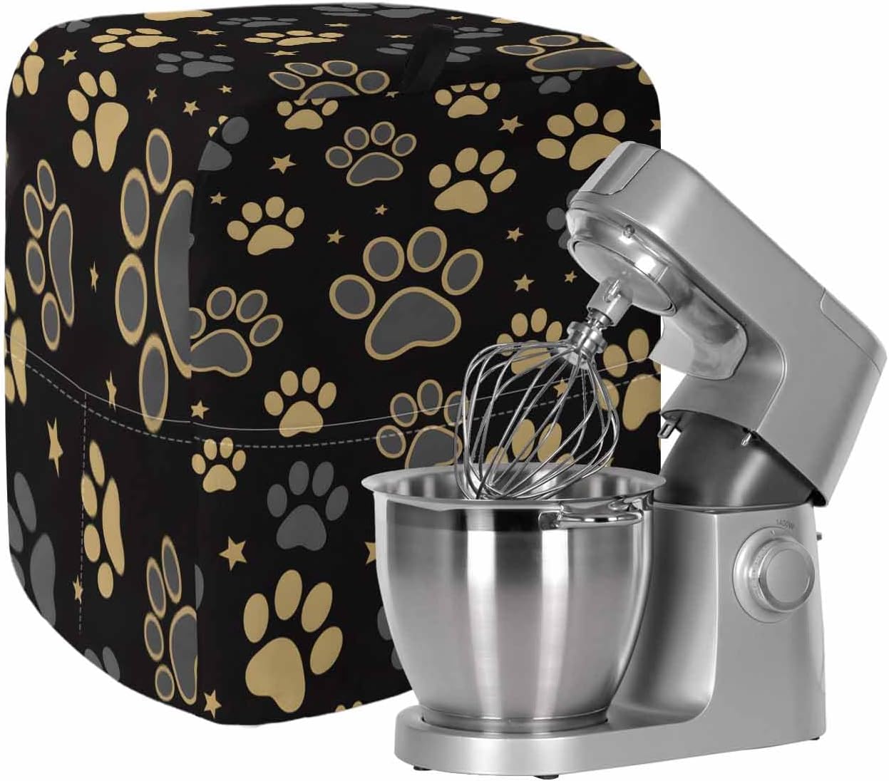 Yellow Black Dog Paws Stand Mixer Cover with Storage Pocket, Waterproof Kitchen Mixer Covers, Vintage Pastoral Retro Art Kitchen Appliance Dust Cover Compatible with 5-8 Quart Mixers