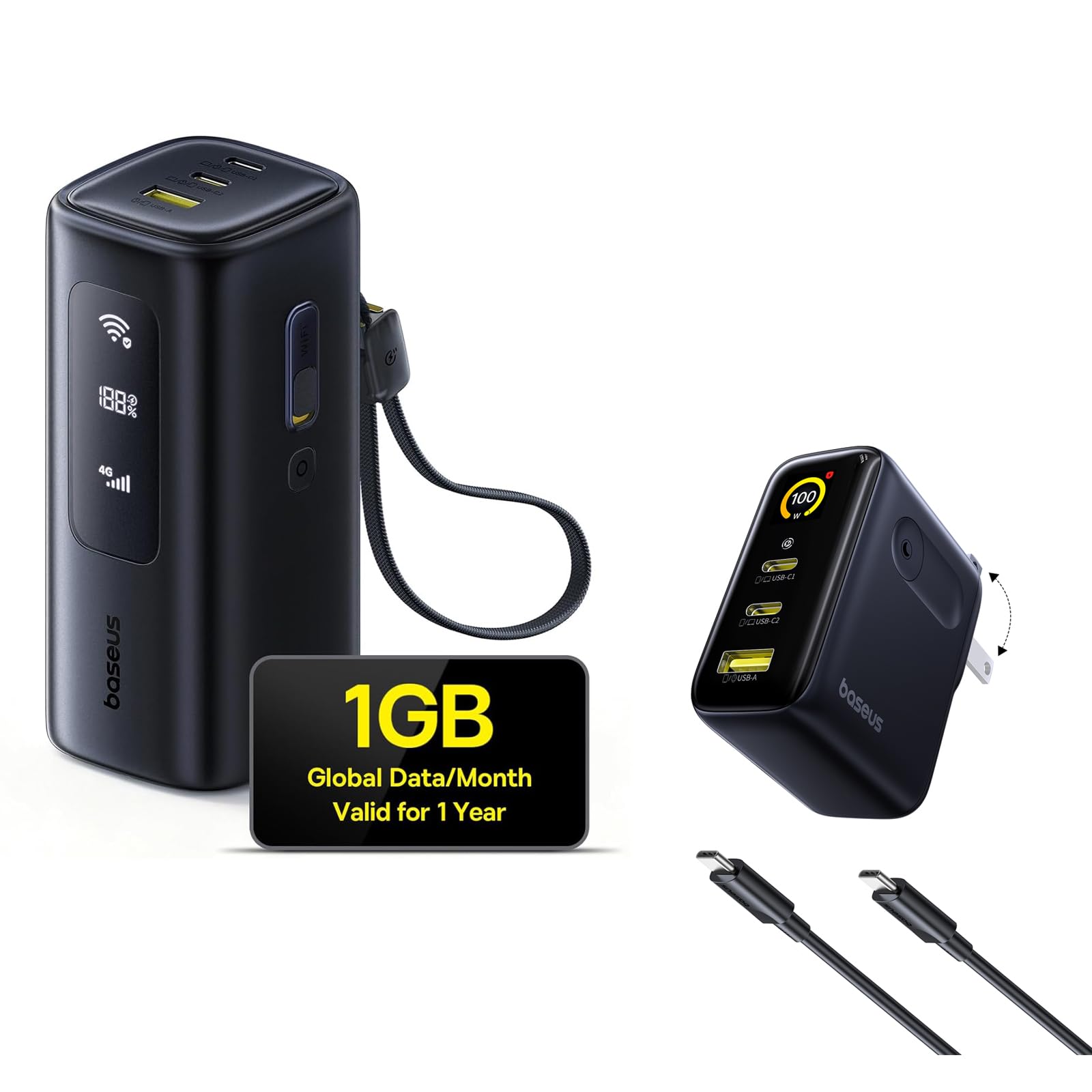 Baseus 4G LTE Mobile Hotspot &amp; 20000mAh 67W Power Bank 2-in-1 Picogo 100W USB C Laptop Charger with Smart Display