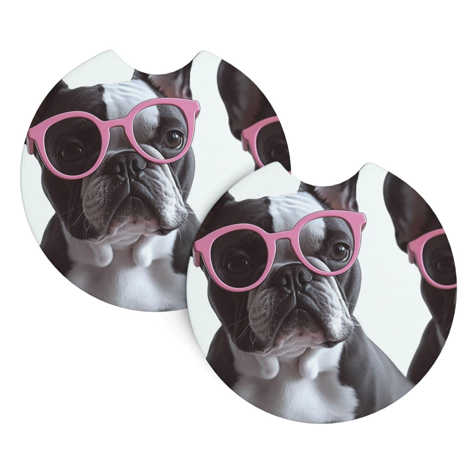 2 Pack Car Coaster for Cup Holders French Bulldog Pink Glasses Car Cup Coaster 2.7" Neoprene Non-Slip Automotive Cup Mat Universal Auto Car Interior Accessories for Women Men Cup Pad