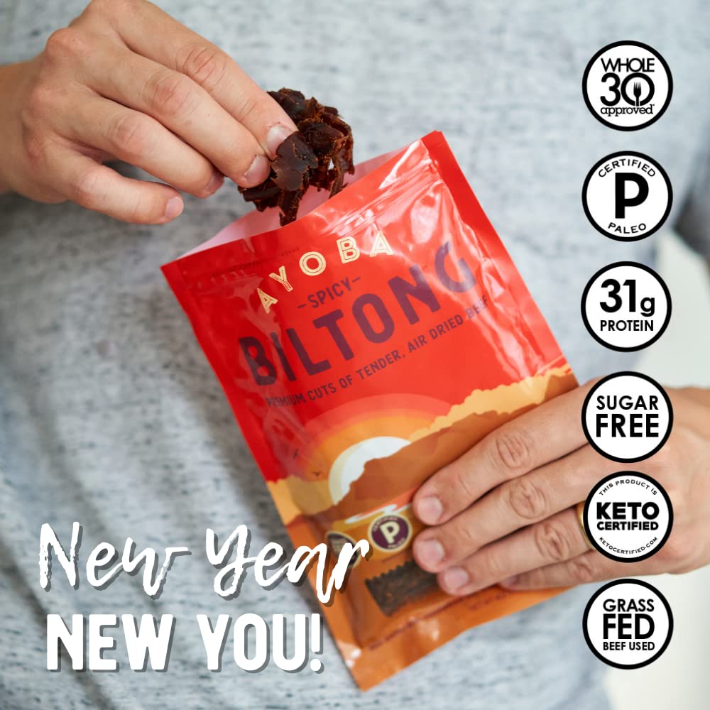 Ayoba Spicy Grass Fed Beef Biltong Slices (2 Ounce, Pack of 3) - Keto Friendly Air-Dried Grass Fed Beef Paleo Snacks - Gluten Free, Whole 30 Approved, Sugar free, No Carb Meat Snacks