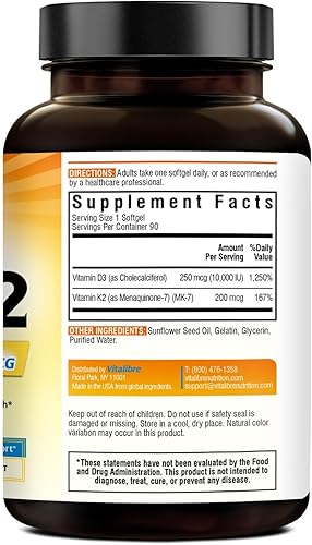 Miniatura 8 de Suplemento de vitamina D3 K2, 10000 UI D3  200 mcg K2 MK7, absorción de calcio, hueso, corazón, apoyo inmunológico y estado de ánimo, absorción