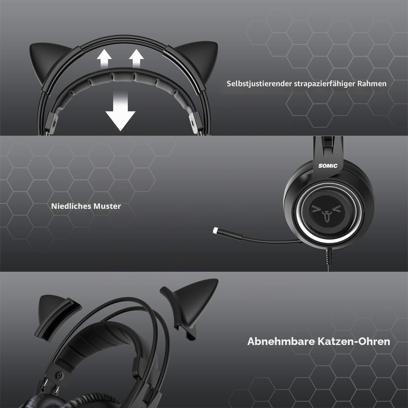 Somic Gaming-Kopfhörer für Xbox One, Stereo-Surround-Sound mit Geräuschunterdrückung, abnehmbares Katzenohr-Headset mit Inline-Steuerung für Jungen und Männer