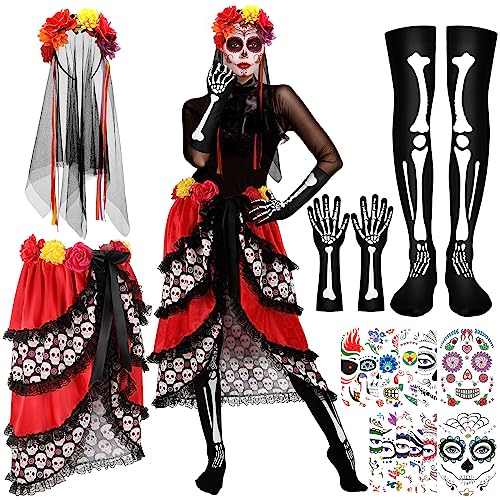Ramede 1 Set Day of the Dead Costume for Women Halloween Tie on Bustle Day of the Dead Mexican Style Flower Headband Skeleton Thigh High Socks and Long Gloves Costume Temporary Tattoos Sticker