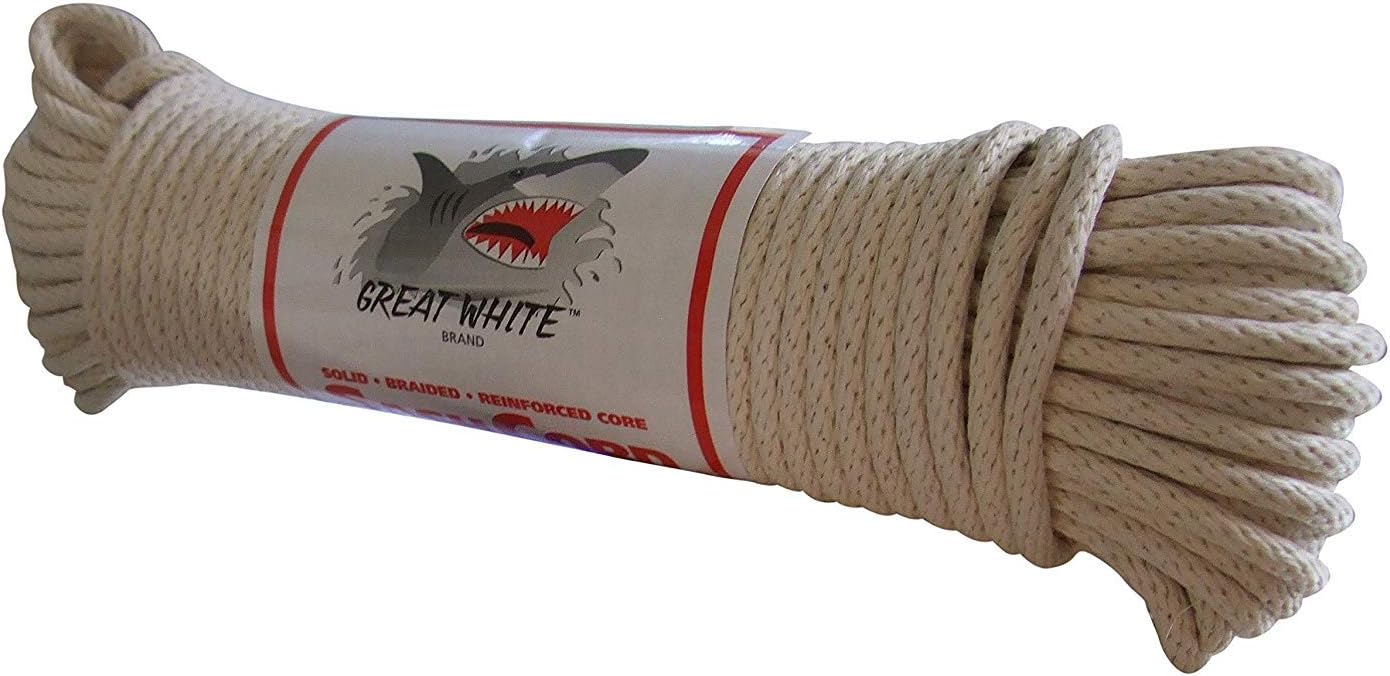 GREAT WHITE Sash Cord #8 100ft. Hank Natural White, 1/4" x 100', Made in USA, Cotton, Tie Down, Camping, Rigging, Crafts, Theatre, Window Replacement, Entertainment Grade, Rope,DIY & Home Improvement
