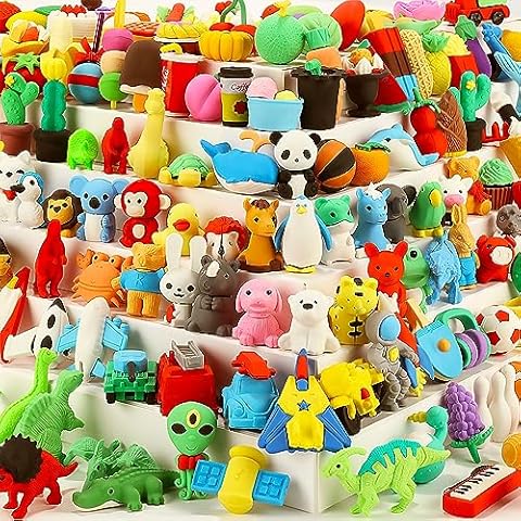 URSKYTOUS 130Pcs Animal Erasers Kids Desk Pets Pencil Erasers 3D Puzzle Erasers Bulk Mini Animal Food Erasers Toys Fun Cute Eraser for Classroom Rewards, Game Prizes, Treasure Box, Easter Egg Fillers Cover