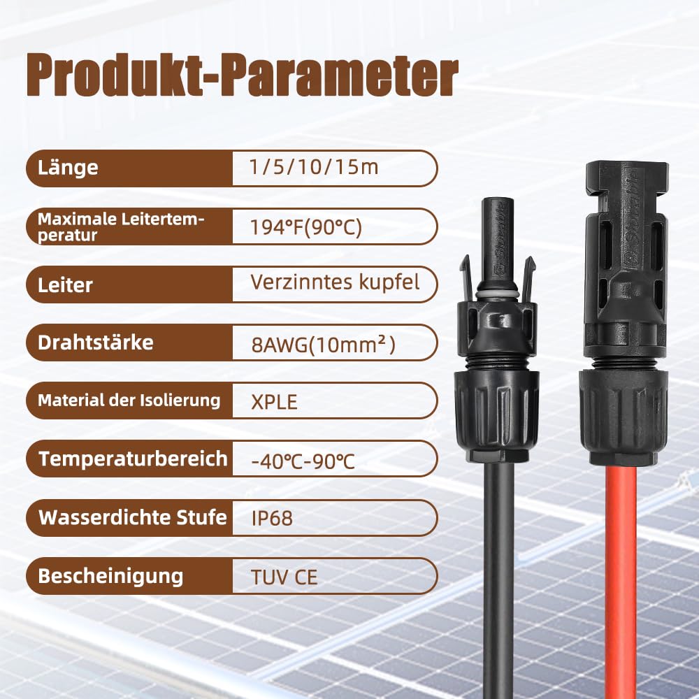 Solarkabel 6mm2 15m, H1Z2Z2-K Solar Verlängerungkabel mit IP68 Wasserdicht Solarstecker, für Solaranlage Photovoltaik System