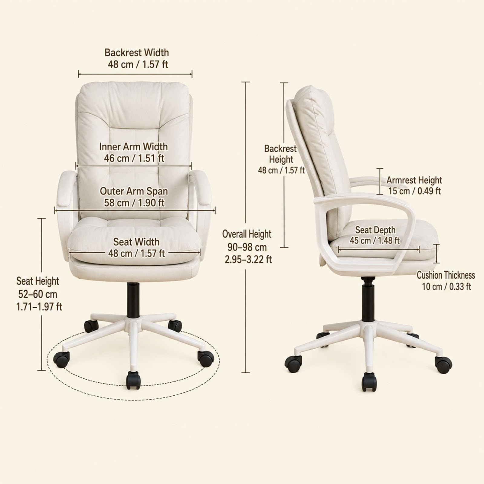 Generico Sedia da Ufficio Ergonomica, Schienale Alto con Cuscino Imbottito | Sedia Ufficio in Tessuto, Schienale Alto, Cuscino Spesso, Supporto Lombare, Ruote Girevoli, Casa e Camera(Khaki)