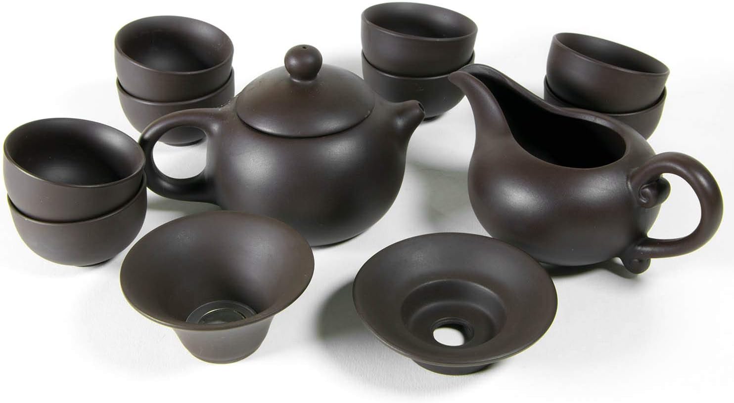 Chinese Tea Set, Kung Fu Porcelain Handmade Ceramic Tea Set (8 Cups with Teapot, Creamer Boat, and Strainer) - Dark Brown
