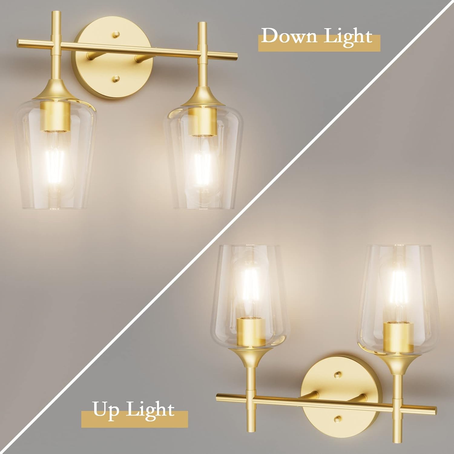 Ralbay Gold Bathroom Light Fixtures 2-Lights with Clear Glass Modern Wall Mount Lighting Industrial Farmhouse Gold Bathroom Vanity Lights Wall Sconce