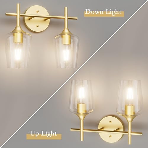 Miniatura 3 de Ralbay Lámparas de baño doradas 2 luces con vidrio transparente, iluminación moderna de montaje en pared, iluminación industrial de granja, luces