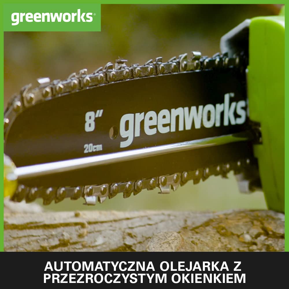Greenworks G24PS20K2 Akumulatorowa Pilarka na Wysięgniku, Ostrze 20cm, Szybkość Cięcia 6,7m/s 3,2kg, Automatyczna Olejarka, Zbiornik Oleju 50ml, Zasięg 2,6m Bateria 24V 2Ah i Ładowarka