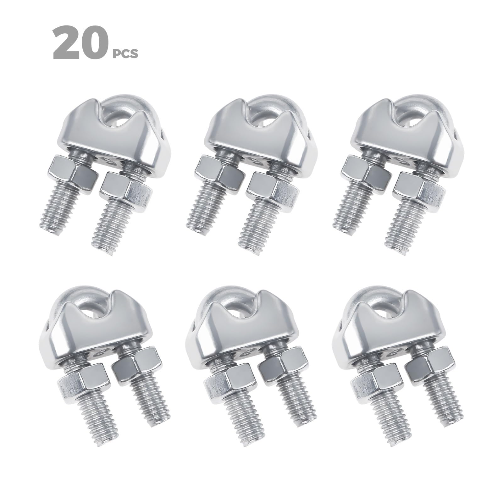 Morsetto per cavi in acciaio 20 pezzi di morsetti a forma di U for cavi M2/3/4/5/6/8 mm, bulloni di fissaggio for cavi, morsetti for ferramenta, manicotto for fune in acciaio inossidabile 304(M2)