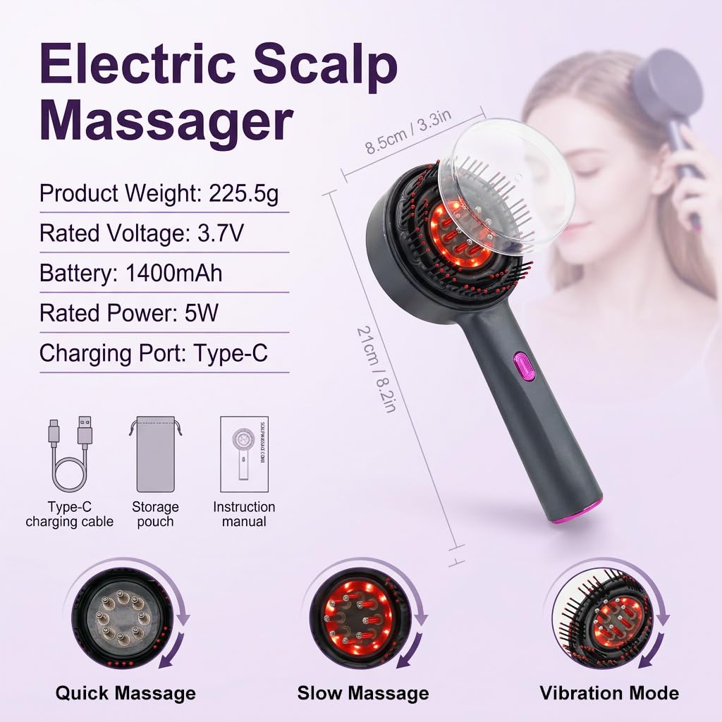 Brosse Massage Cuir Chevelu 3 en 1 Brosse Massante Cuir Chevelu Scalp Massager Masseur Tete Lumière Rouge & Applicateur d'Huile 6ml pour Soin Détendre Musculaire