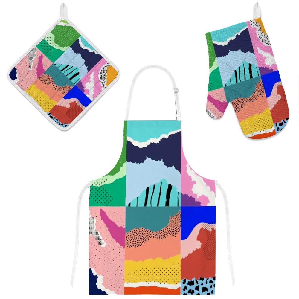 Tablier de cuisine et gants 3 pièces aux motifs graphiques modernes