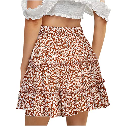 NSICBMNO Short Skirts for Women UK Elasticated Waist Skirts Ladies Floral Mini Skirt Pleated A Line Summer Boho Ruffle Pleated Casual Beach Short