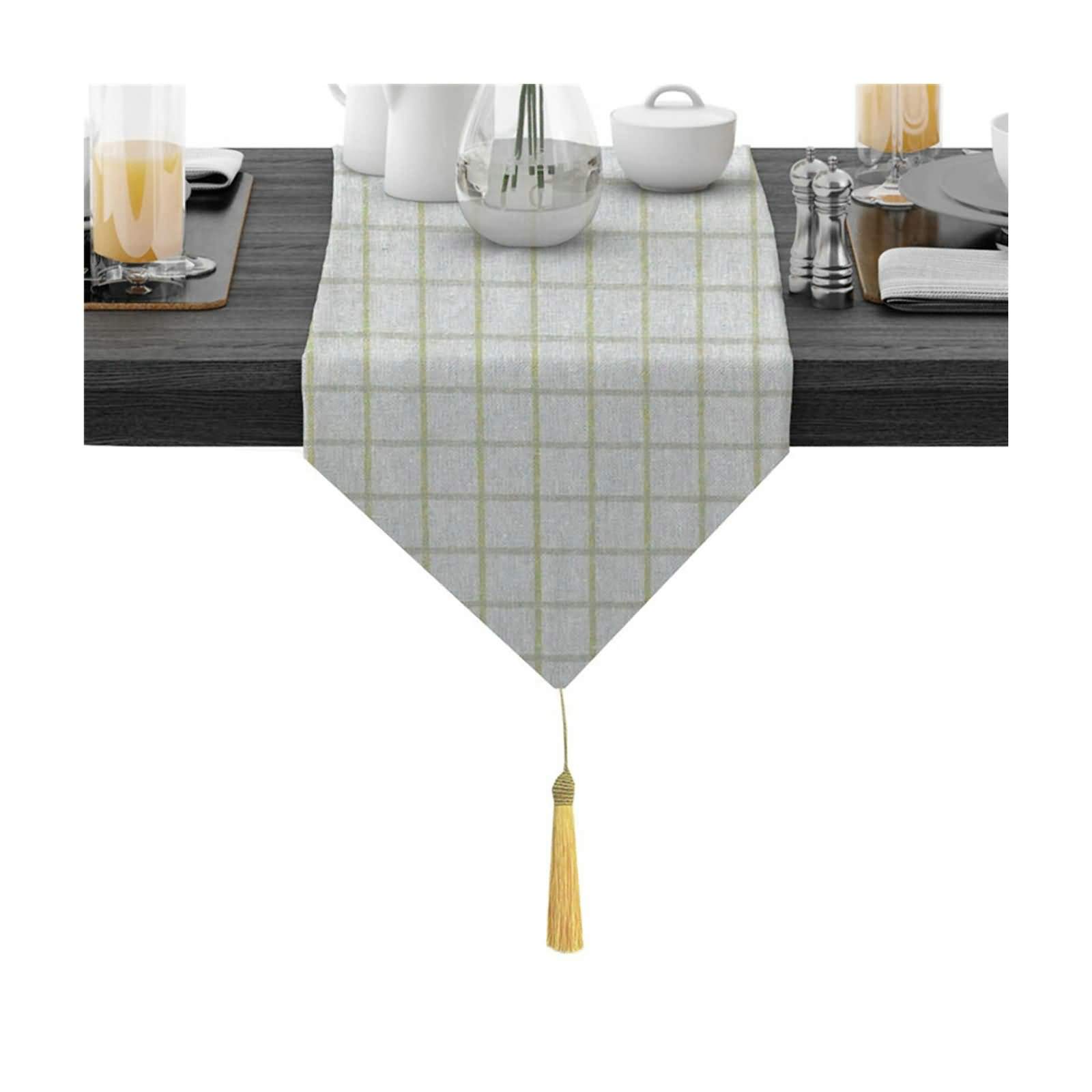 Aeici Camino de mesa cuadrado de algodón, diseño de celosía, decoración de camino de mesa de 30,5 x 137,8 cm, caminos de mesa navideños, para comedor, gris, verde, amarillo