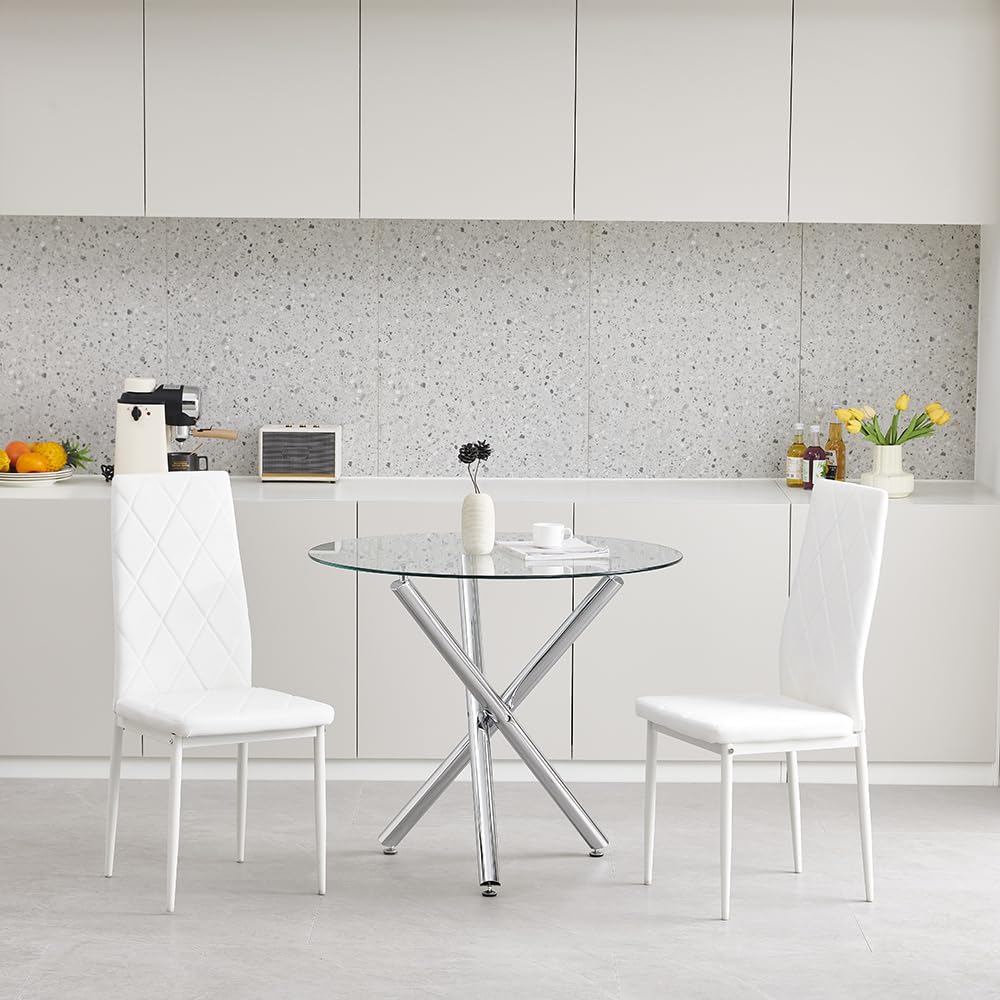 Pantanal 90cm Round Glass Dining Table and White Velvet Chairs Set of 2, Modern 3 Pieces Compact Kitchen Table with 2 Argyle Grid Chairs for Dinette Restaurant Small Space