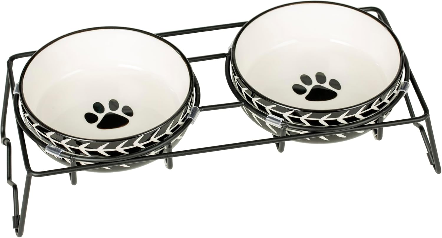 Signature Housewares Ceramic Pet Bowl Set - Food Water Bowls for Dogs and Puppies, Large Cats with Sturdy Metal Stand - Set of 2 6in. Bowls, 32 oz Each