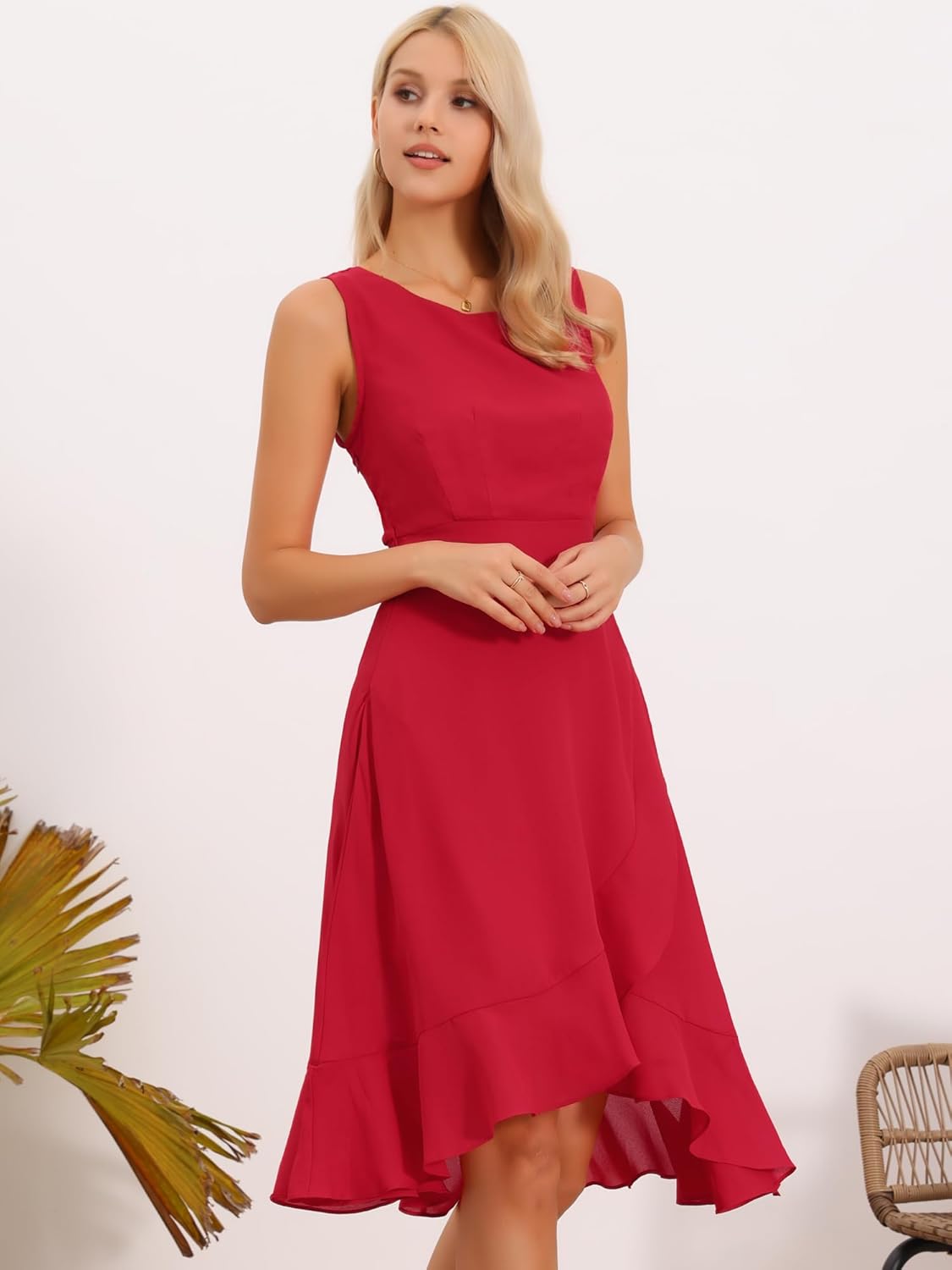 Allegra K Women's Summer Dresses 2025 Wrap Ruffle High Low Hem Round Neck Keyhole Back Sleeveless Floral Dress - Image 2