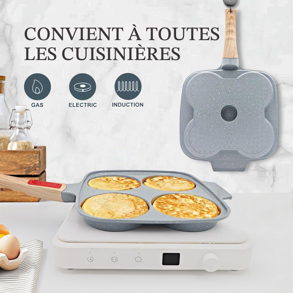 Grande Poêle à Pancakes 4 Cavités en Céramique 26 x 24 cm avec Couvercle | Grande poêle à 4 cavités pour œufs, pancakes et burgers, avec couvercle et revêtement antiadhésif.