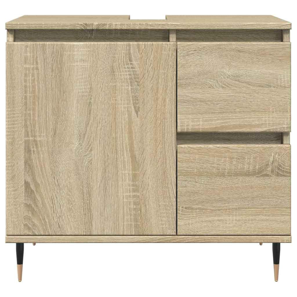 Mobile Lavabo Bagno Rovere Sonoma 65x33x60 cm Legno Multistrato | Armadietto sottolavello salvaspazio per bagno moderno con stabili piedini in ferro, un ampio vano e due cassetti.