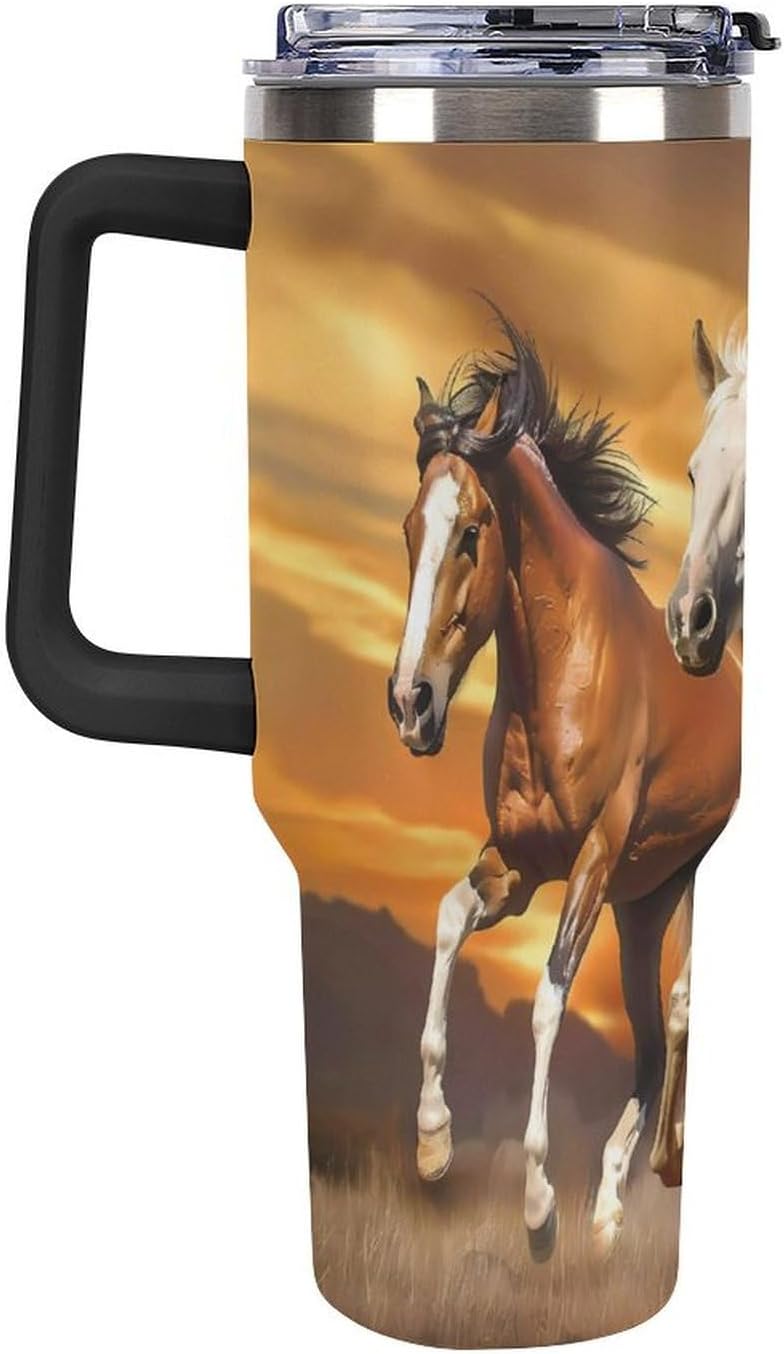 Three Running Horses Tumbler with Handle and Straw Lid Stainless Steel Insulated Travel Mug Large Capacity Car Cup 40 OZ