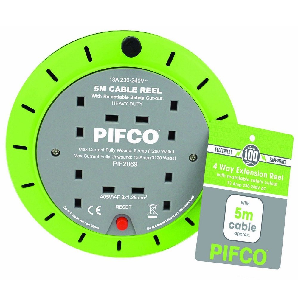 PIFCO Extension Reel Electric Wire Heavy Duty - 5M, 10M and 25M Cable with 4 Way Socket Plug, Thermal Fuse and Safety Cutout - 13A 230-240V