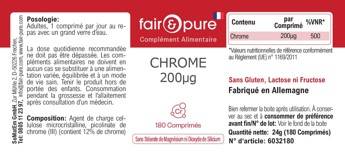 Tabletki chromu Fair & Pure 200 μg, 180 tabletek, wegański suplement diety bez dodatków, wyprodukowano w Niemczech