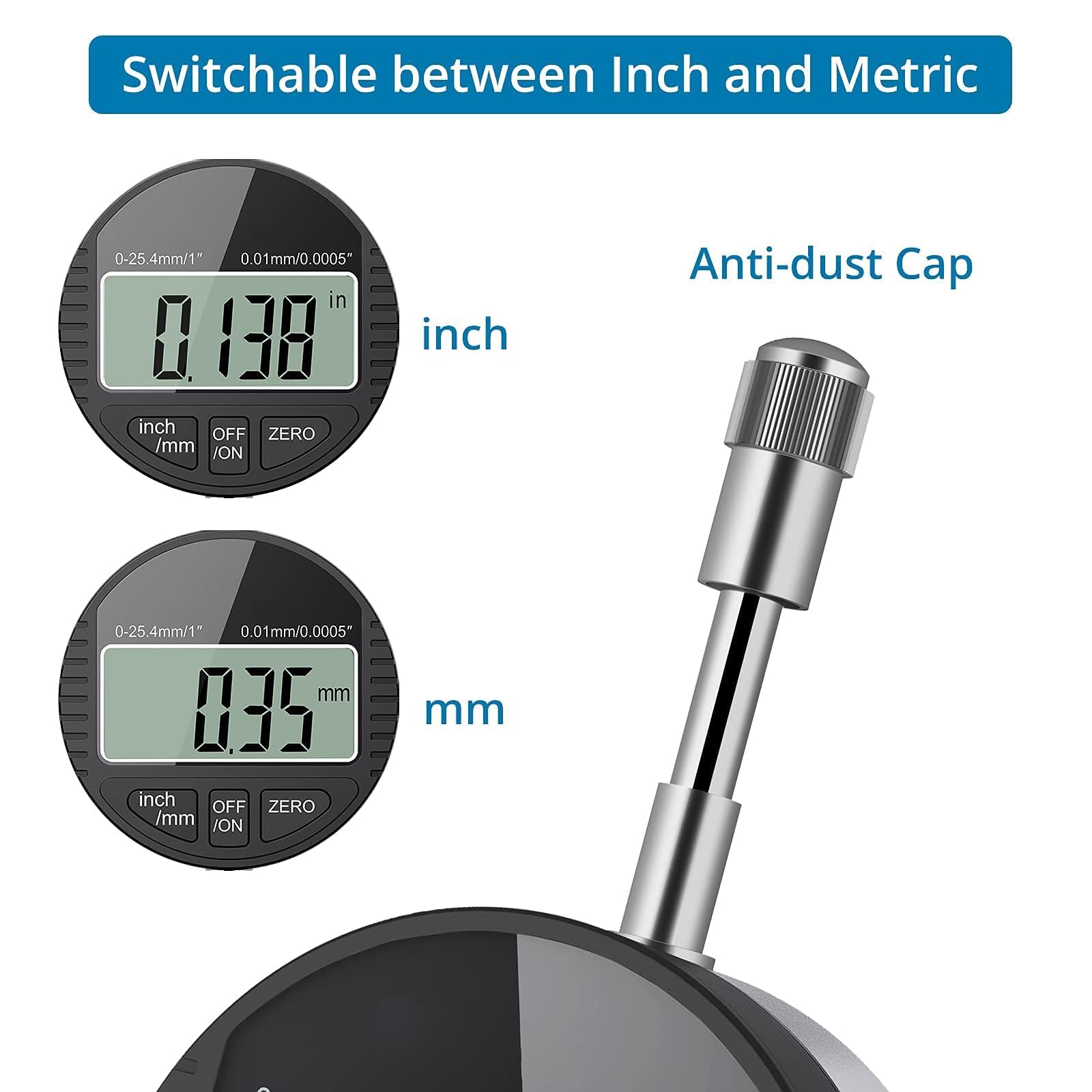 AUTOUTLET Digitale Messuhr 0.01/0.0005'', digitale Messuhr Messtaster 0-25.4mm/1'' Messbereich, mit LCD Anzeige, Digital Indikator Messgerät Dial Test Indicators für Labor Werkstatt usw(schwarz)