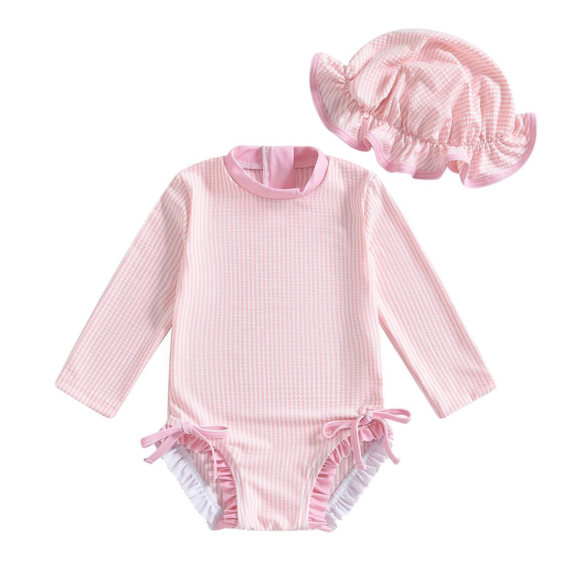 Maillot de Bain Rayé à Volant pour Bébé Fille Adorable Maillot Une Pièce Zippé Manches Longues Anti-UV avec Chapeau Ensemble pour Plage Été 6 Mois à 3 Ans