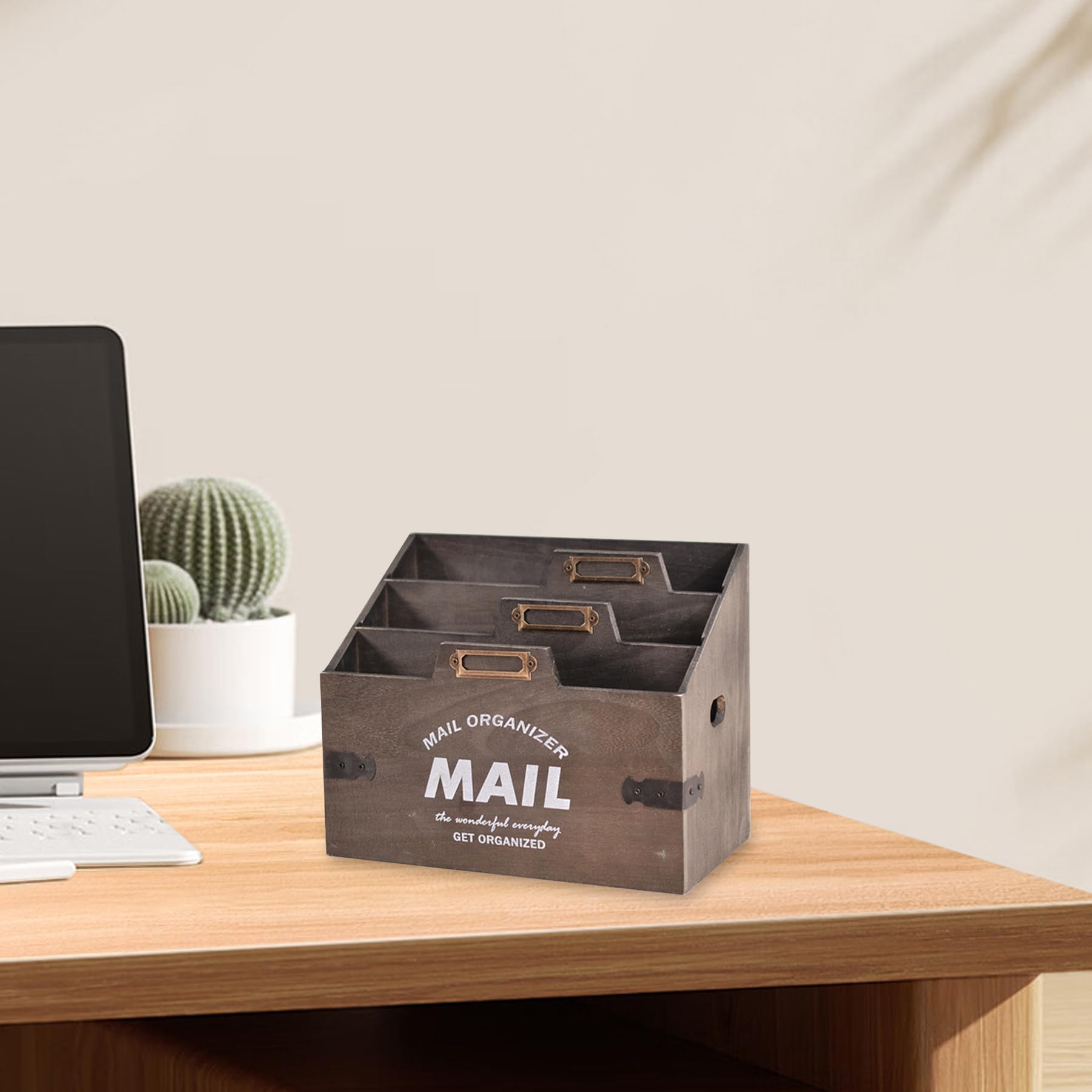 Wasise Letter Holder - 24 X 14 X 20CM Letter Rack, Rustic Wooden Letters Rack with Handle, 3 Compartments Home Office Holder, Wooden Stationary Desk Tidy Organiser,Mail Organiser for Home Study Office - Image 3