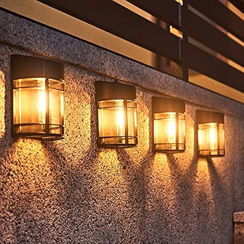 Solar Wall Lights Outdoor - 4 Pack Solar Deck Lights Outdoor Patio and Fence Light Waterproof Decorative Light Fixture Wall Mount with No Wiring Required, Warm White Cover