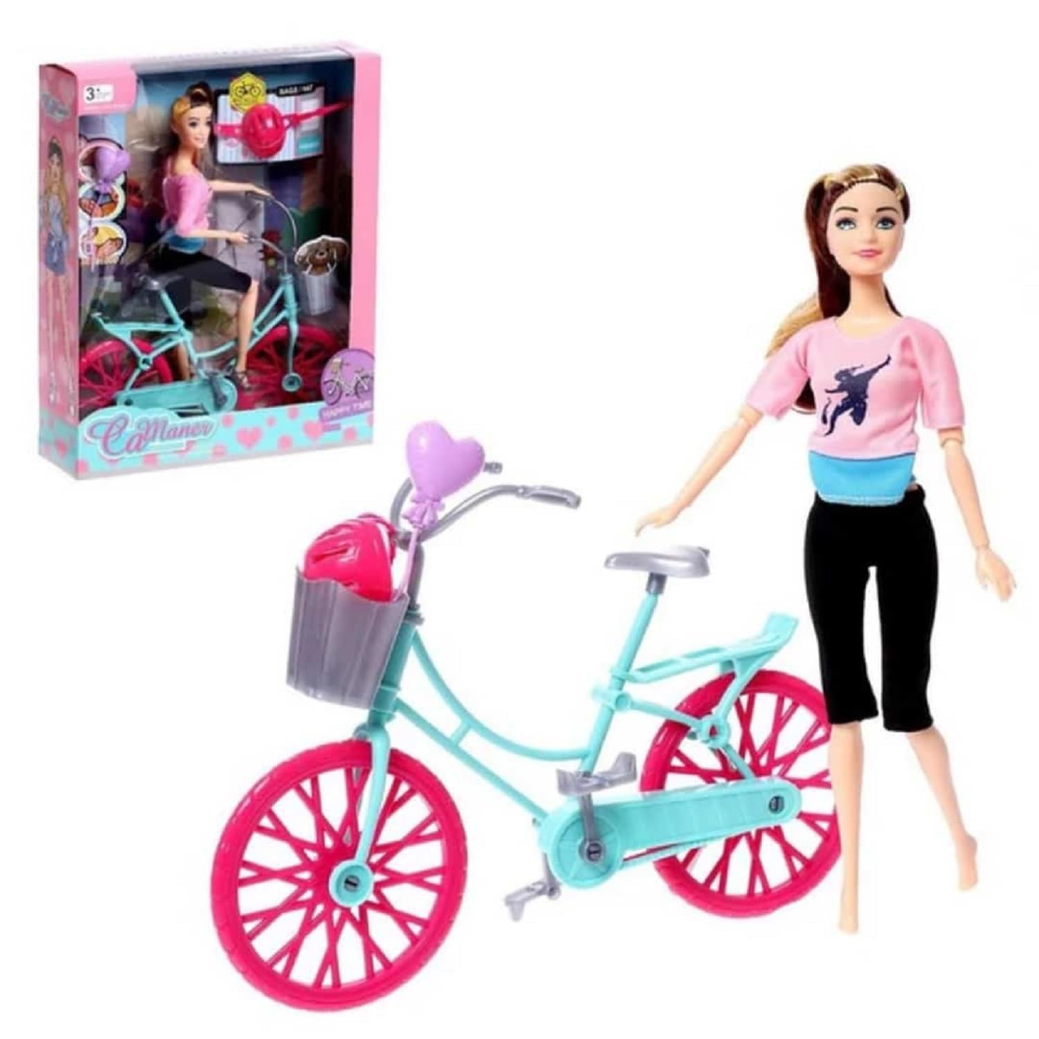 KTRS Enterprise Riding Bicycle with Flower Basket & Helmet Pink Aqua Diorama Prop