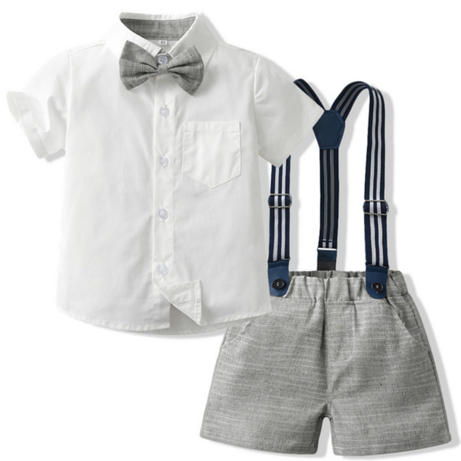 Yaopelky Toddler Boy Summer Gentleman Outfits Short Sleeve Shirt with Bowtie Suspender Shorts Suit 1-8 Years (Grey, 1-2 Years)