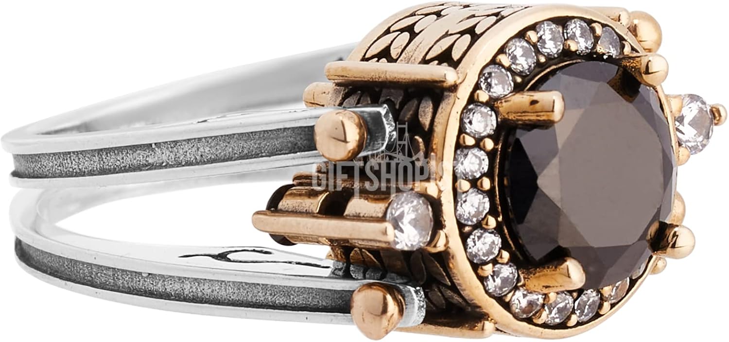 Turkish Handmade Jewelry Reversible 2 rings in 1 ring Round Cut London Blue and Black Round Cut Topaz 925 Sterling Silver Ring Size All