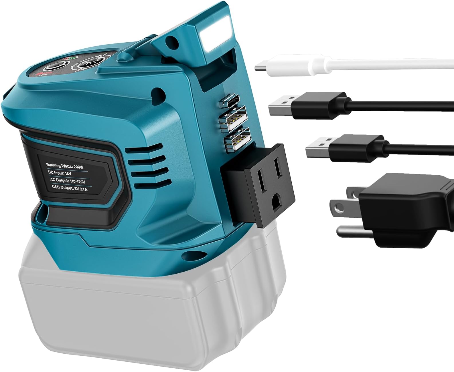 Ecarke 200W Portable Power Inverter Compatible with Makita 18V Battery, DC 18V to AC 110V Power Station with 1 AC Outlet, 2 USB, 1 Type-C & LED Light, for Outdoor Emergency Use (No Battery)