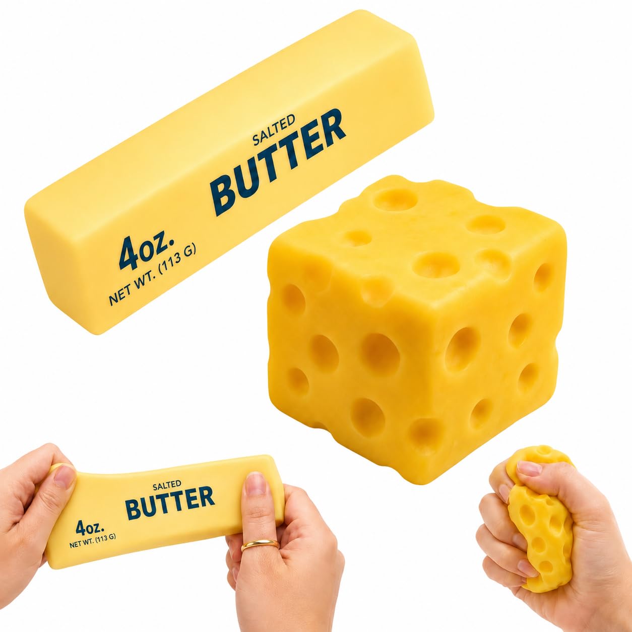 INTELLIGRON 2 PCS Butter and Cheese Squishy Toys, 1 PCS Squishy Butter Stick and 1 PCS Cheese Cube, Soft Slow Rising Food Squeeze Toy, Stress Relief Fidget Toy for Kids Adults