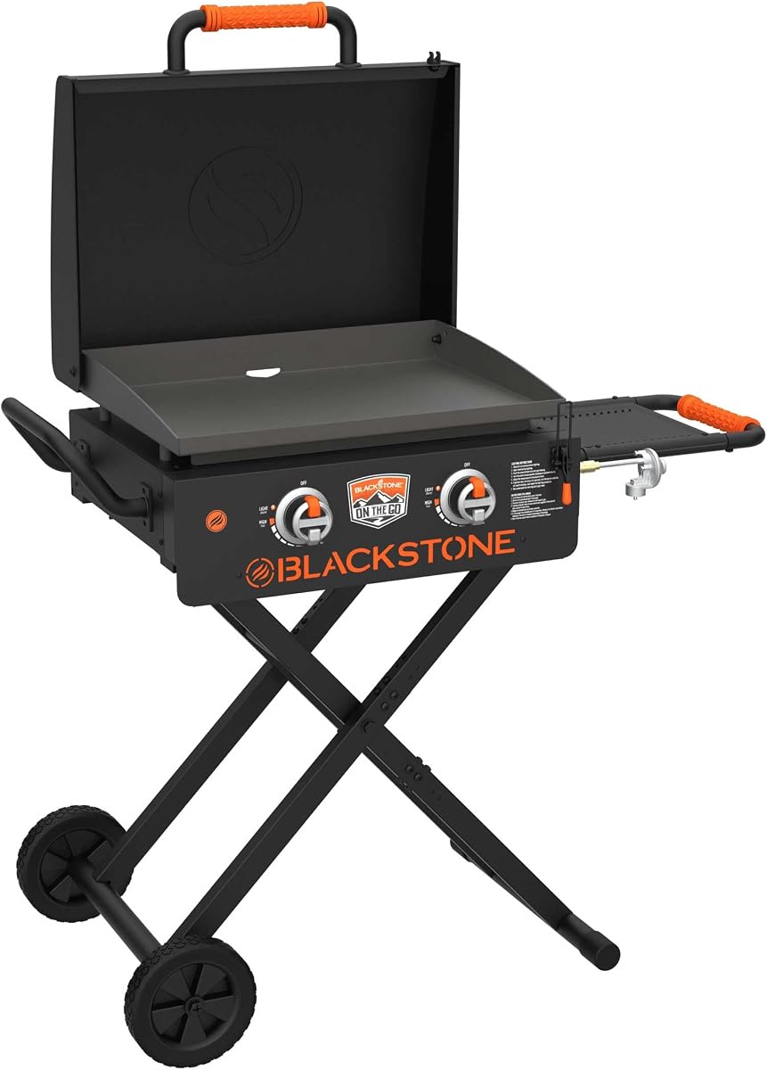 BLACKSTONE 22” On The Go Scissor-Leg Griddle with Two Burners -Stainless Steel Gas Griddle with Hood, Wheels, Side Shelf –Heavy Duty Outdoor Stainless Steel Griddle for Backyard, Patio Camping –1935