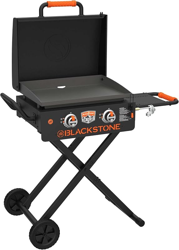 BLACKSTONE 22” On The Go Scissor-Leg Griddle with Two Burners -Stainless Steel Gas Griddle with Hood, Wheels, Side Shelf –Heavy Duty Outdoor Stainless Steel Griddle for Backyard, Patio Camping –1935