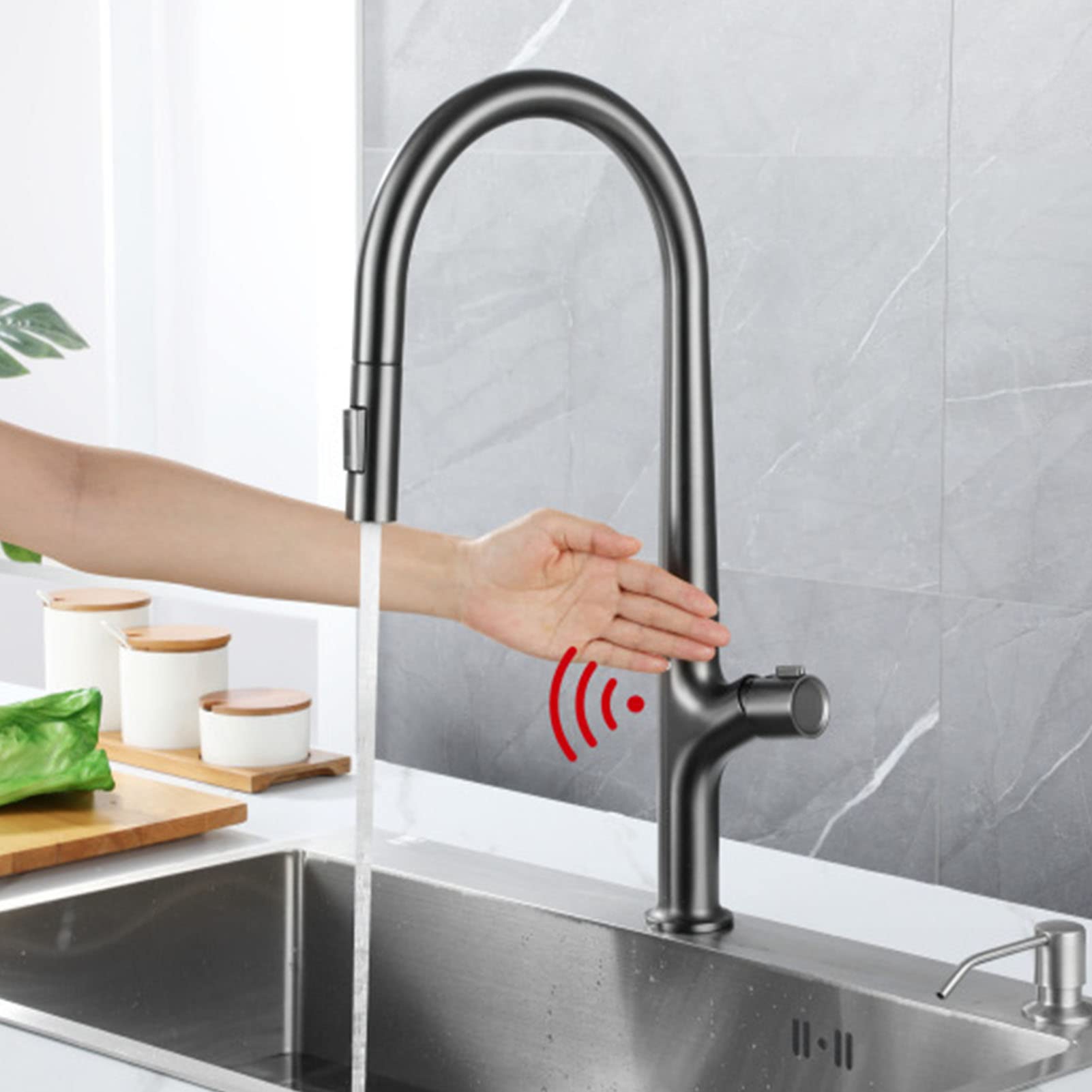 HADECOLL Gun Gray Touchless Kitchen Faucet With Pullown Sprayer Smart Mixer Tap Modernesign For Effortless Cleaning & Convenience High Arc Kitchen Sink Faucet With Sensor Control
