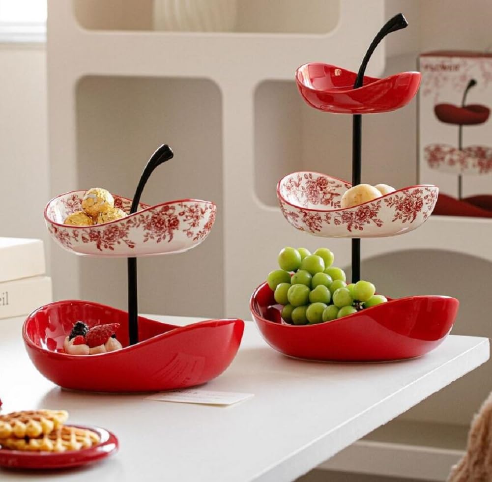 2-poziomowe ceramiczne miski na owoce na blat kuchenny z metalowym stojakiem, porcelanowy kosz na przekąski na warzywa, orzechy, chleb, cukierki, deser i tacę na ciasto