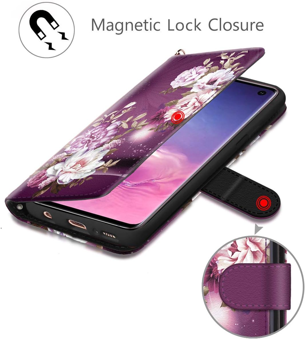 Galaxy S10 Case, Hocase PU Leather Full Body Protective Phone Case with Credit Card Holders, Wrist Strap, Magnetic Closure for Samsung Galaxy S10 (6.1-inch) 2019 SM-G973 - Burgundy Flowers