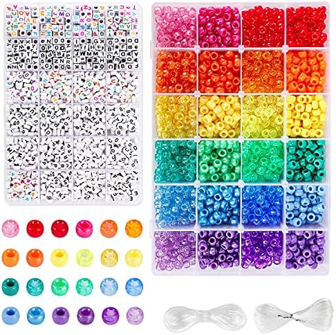 UOONY 4000pcs Pony Beads Kit, 2400pcs Rainbow Kandi Beads and 1600pcs Letter Beads, 24 Colors Plastic Craft Beads Bulk for Bracelets Jewelry Making with 20m Crystal String and 30m Elastic String