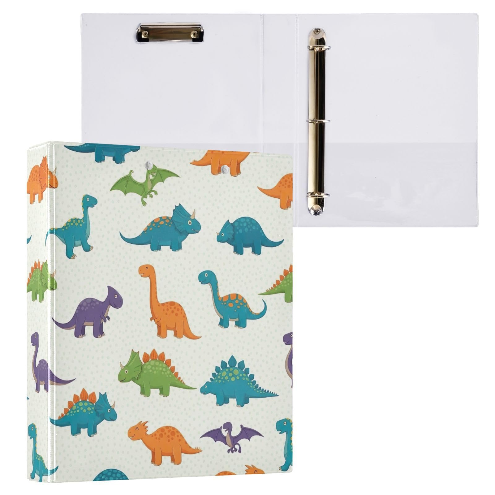 Raccoglitore a 3 anelli con dinosauri colorati in stile cartone animato, 3,8 cm, flessibile con tasche, 3 raccoglitori ad anelli per scuola, università, ufficio (confezione da 2)