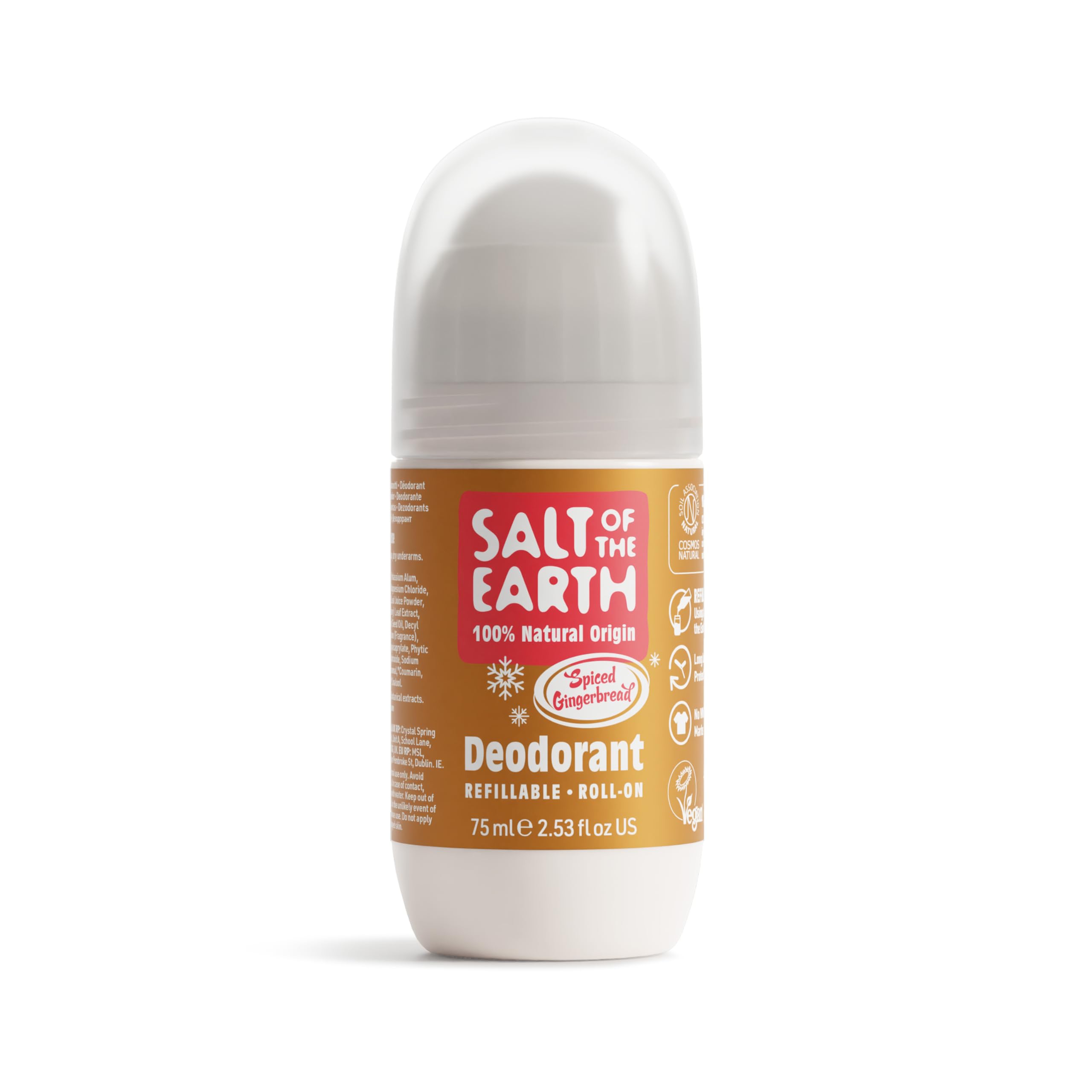 Salt of the Earth - Refillable Roll On Deodorant, 100% Natural Ingredients - Spiced Gingerbread - Suitable for Men, Women & Kids - Vegan - Smart Refillable Format - 75ml