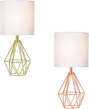Rose Gold Bedside Table Lamp,Modern Small Desk Lamp with TC Fabric Shade Geometric Metal Base for Kids Living Room Bedroom Nightstand