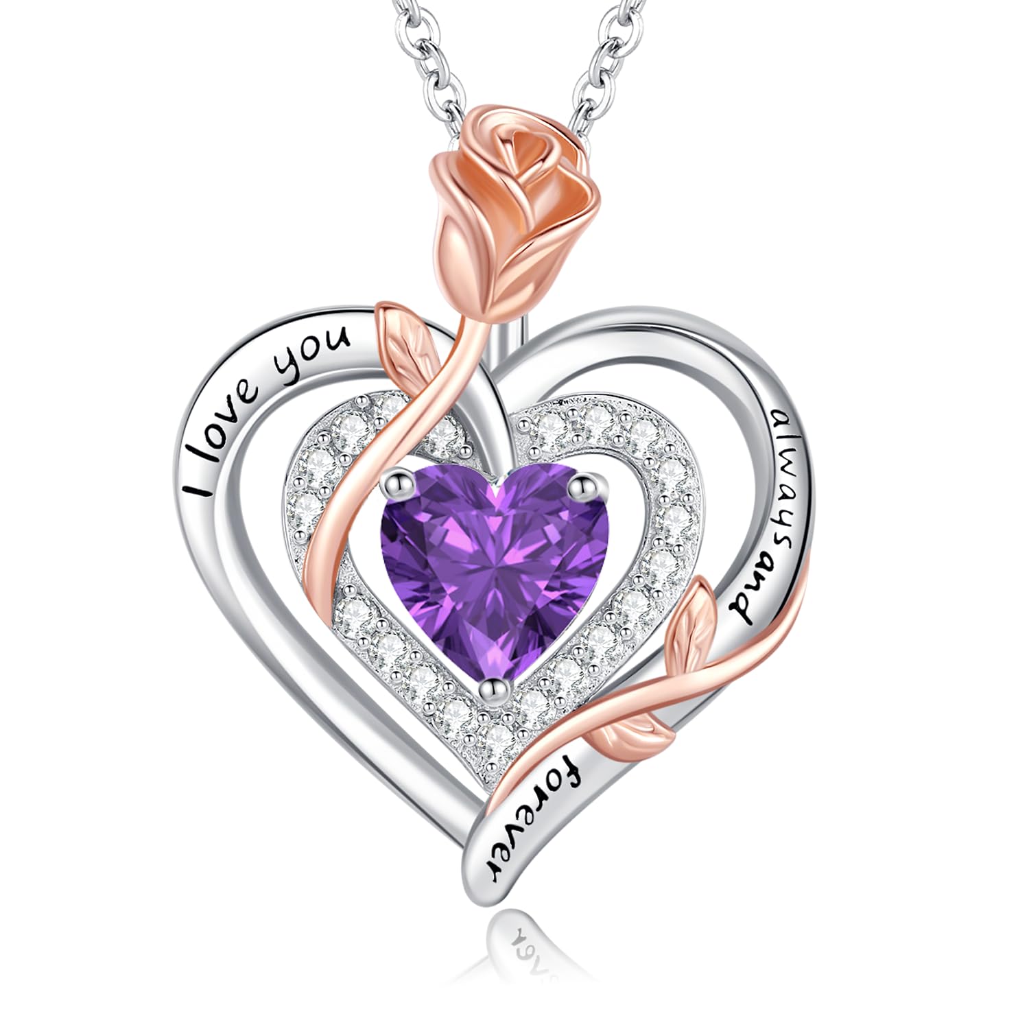 LAVUMO Collana Donna Argento 925 Ciondolo Doppio Cuore Fiore Rosa, Gioielli Donna Pietre Portafortuna, Regalo Donne Compleanno San Valentino Festa Della Mamma Regali