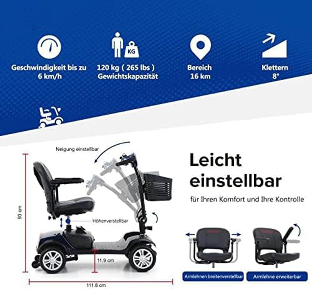 Scooter Électrique pour Personnes Handicapées, Moto Électrique 4 Roues Style Rétro pour Personnes Âgées Handicapées 250 W 6 Km/H A