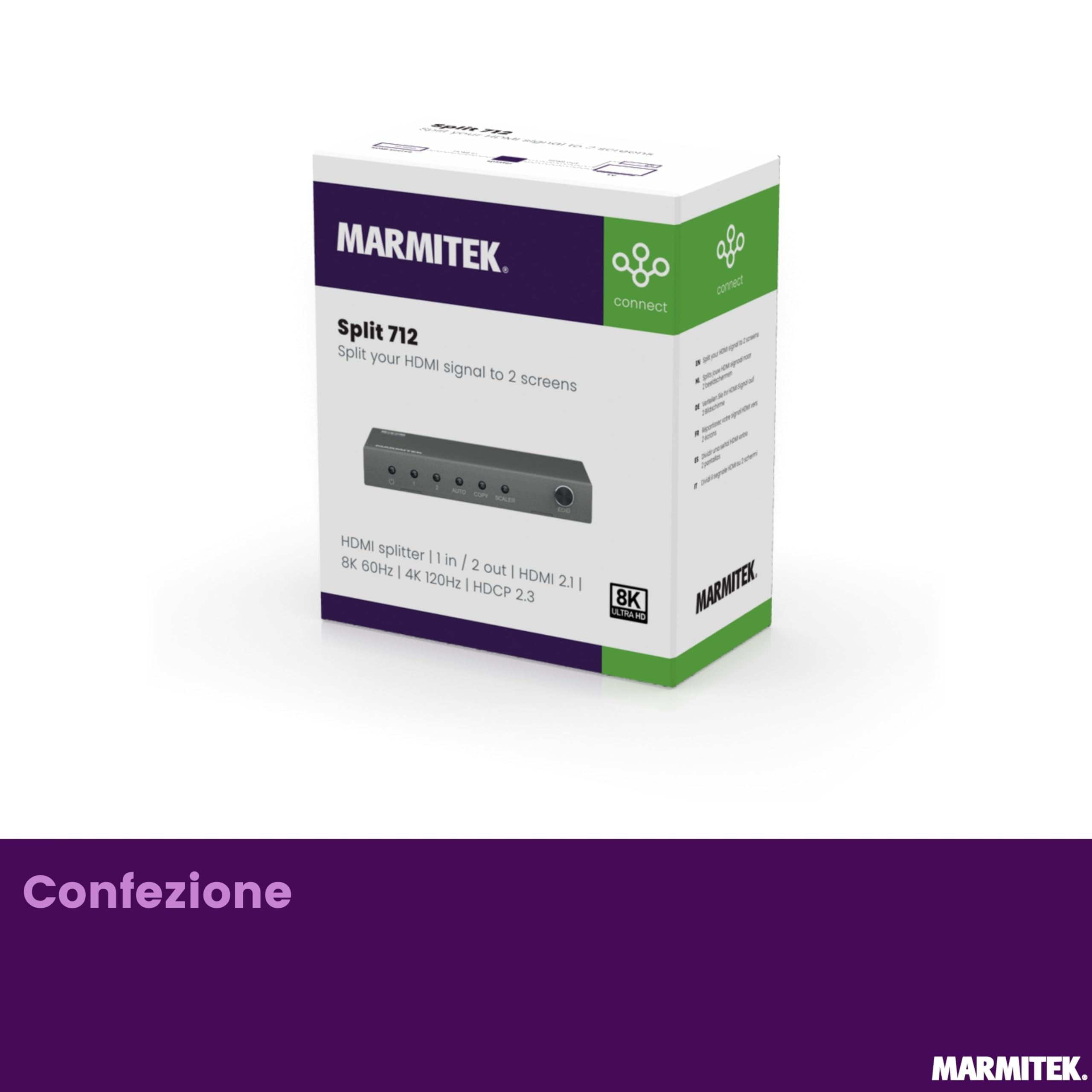Marmitek Split 712 - Splitter HDMI 8K60 4K120 1 ingresso 2 uscite | Ripartitore HDMI 2.1 per gaming, VRR, ALLM, QMS, QFT, Downscale EDID, 40 Gbit/s, HDCP 2.3 e scocca metallica