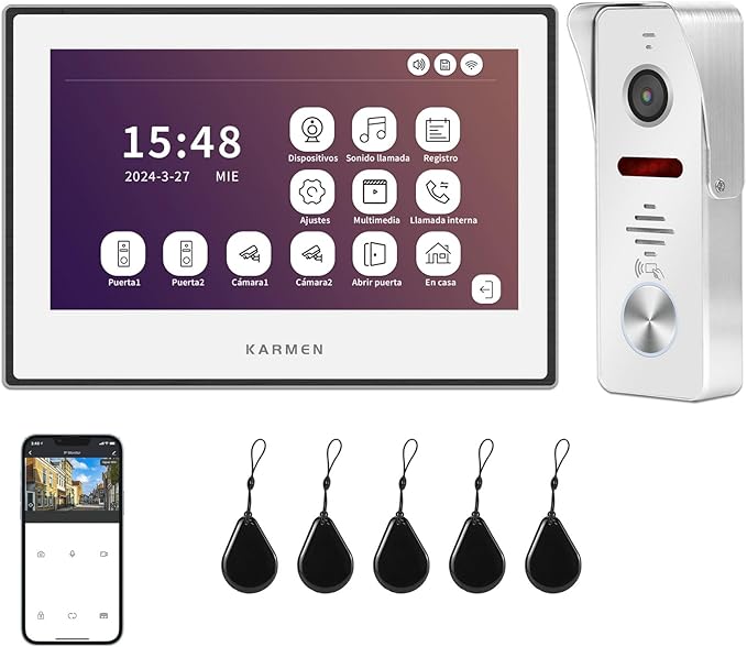 Karmen Videoportero Tuya Wi-Fi, Trabaja con Alexa, Pantalla táctil de 7 Pulgadas, videoportero inalámbrico 1080P, grabación por detección de Movimiento, Habla, Abre 2 cerraduras